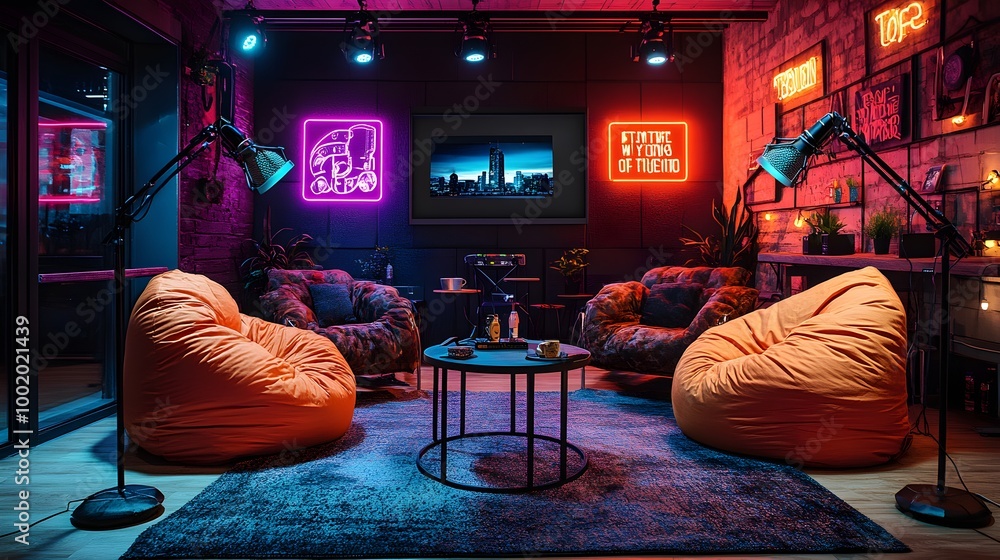 Casual podcast studio with cozy beanbag chairs, handheld microphones, and vibrant neon wall art, set in a fun and creative space. Soft lighting for a relaxed vibe Casual podcast studio with cozy beanbag chairs, handheld microphones, and vibrant neon wall art, set in a fun and creative space. Soft lighting for a relaxed vibe