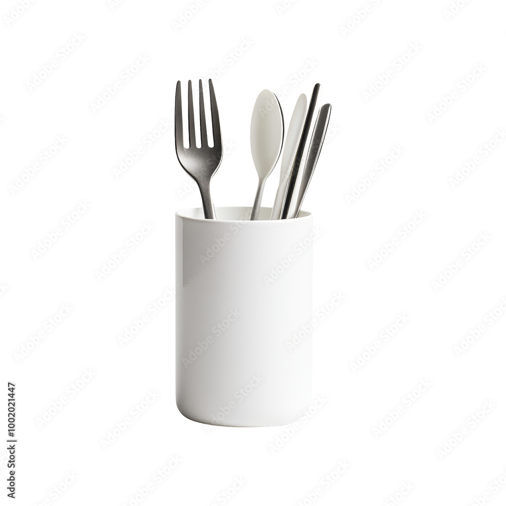 Silverware In White Ceramic Holder Silverware In White Ceramic Holder