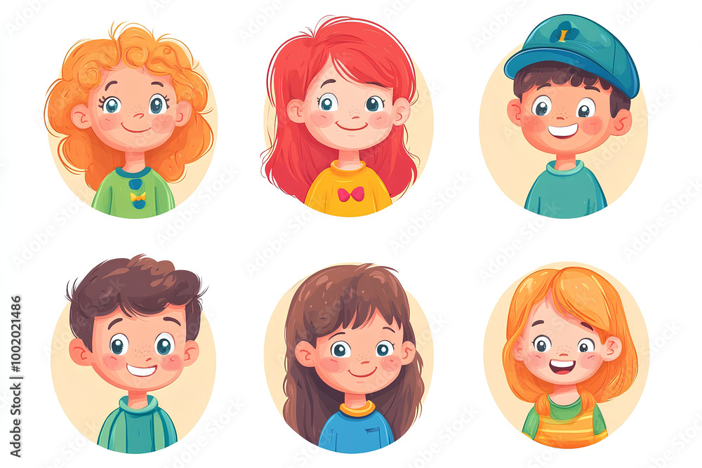 Happy kids avatars. Cute children smiling, boy girl in rounds set. Illustration girl and boy avatar, happy kids, child happiness Happy kids avatars. Cute children smiling, boy girl in rounds set. Illustration girl and boy avatar, happy kids, child happiness
