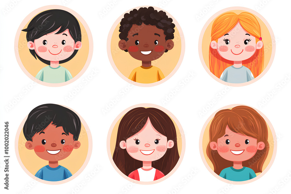 Happy kids avatars. Cute children smiling, boy girl in rounds set. Illustration girl and boy avatar, happy kids, child happiness Happy kids avatars. Cute children smiling, boy girl in rounds set. Illustration girl and boy avatar, happy kids, child happiness