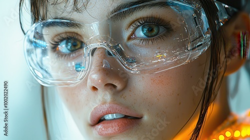 Young woman wearing futuristic glasses with vibrant city lights reflected in her eyes during a modern urban evening