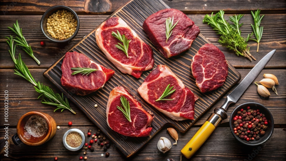 Raw beef steaks ready for grilling with assorted seasonings and grilling utensils, beef, steaks, raw, grilling Raw beef steaks ready for grilling with assorted seasonings and grilling utensils, beef, steaks, raw, grilling