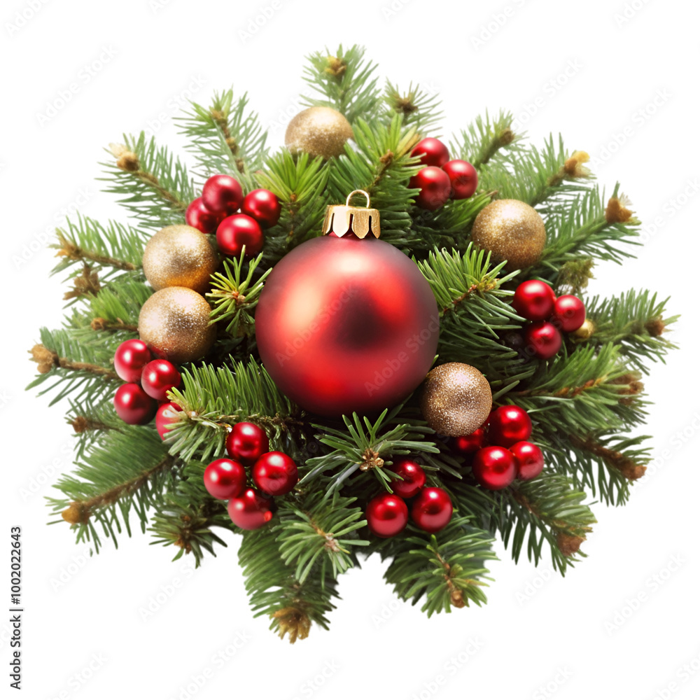 Pinecone wreath with red and gold ornaments on transparent background