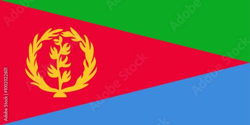 National Flag State of Eritrea, red isosceles triangle divided into two right triangles, the upper triangle is green and the lower is blue with an  in gold  vertical olive branch encircled by wreath