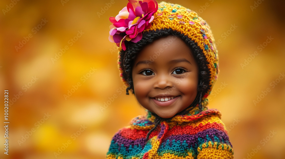 Autumn vives cute little black girl wearing comfy sweater and knitted cap, smiling at the camera Autumn vives cute little black girl wearing comfy sweater and knitted cap, smiling at the camera