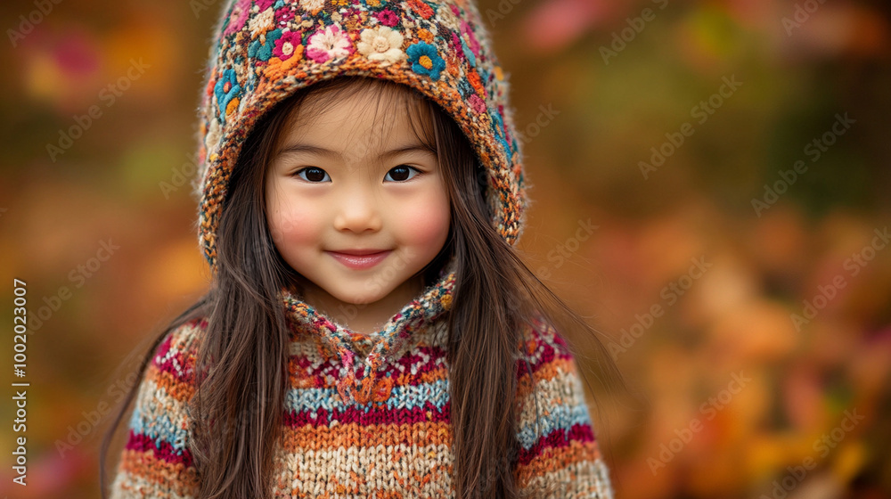 Autumn vives cute little asian girl wearing comfy sweater and knitted cap, smiling at the camera Autumn vives cute little asian girl wearing comfy sweater and knitted cap, smiling at the camera