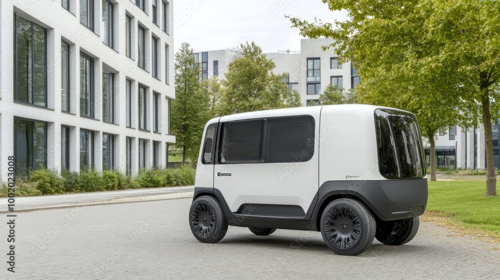 A compact, futuristic vehicle designed for urban transport, parked near modern buildings. A compact, futuristic vehicle designed for urban transport, parked near modern buildings.