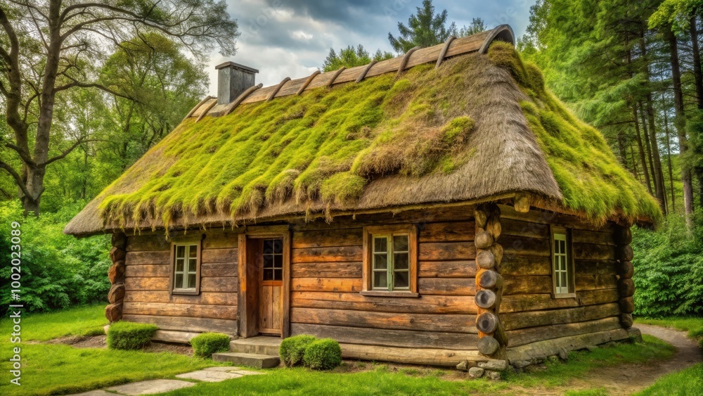 Traditional Polish wooden house with thatched roof made of dried hay covered in green moss , rural Traditional Polish wooden house with thatched roof made of dried hay covered in green moss , rural