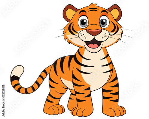 A cartoon tiger is standing on a white background