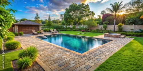 Backyard oasis with concrete pavers  lush green grass  and a sparkling pool  backyard  oasis  concrete pavers  pool  grass