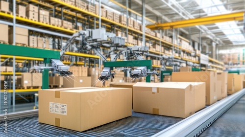 Robotic arms move cardboard boxes along a conveyor belt in a warehouse.