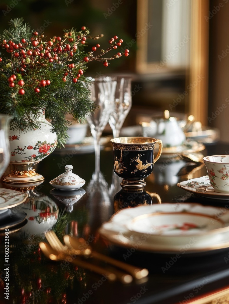A beautifully set dining table adorned with elegant tableware, sparkling glassware, and a festive centerpiece, creating a warm and inviting atmosphere. A beautifully set dining table adorned with elegant tableware, sparkling glassware, and a festive centerpiece, creating a warm and inviting atmosphere.