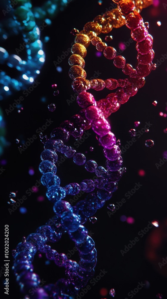 A vibrant, colorful representation of a DNA helix, emphasizing its intricate structure against a dark background, symbolizing life and genetics. A vibrant, colorful representation of a DNA helix, emphasizing its intricate structure against a dark background, symbolizing life and genetics.