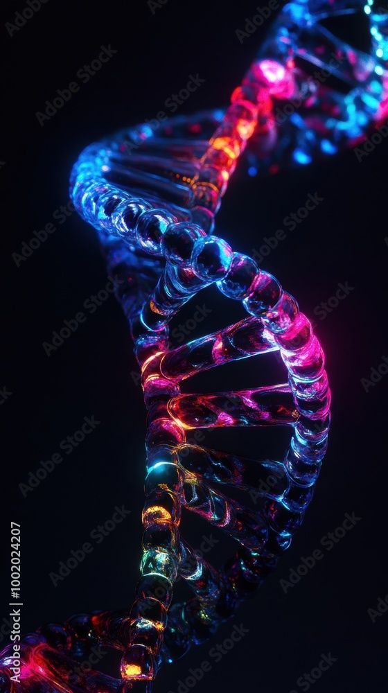 A colorful, illuminated DNA double helix spiraling against a dark background, symbolizing life, genetics, and molecular biology. A colorful, illuminated DNA double helix spiraling against a dark background, symbolizing life, genetics, and molecular biology.