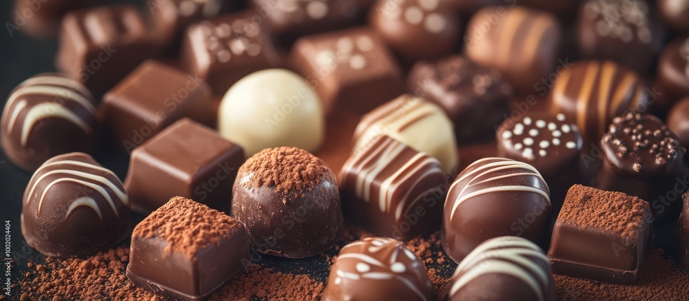 A close-up of assorted gourmet chocolates on a cocoa powder dusted surface. A close-up of assorted gourmet chocolates on a cocoa powder dusted surface.