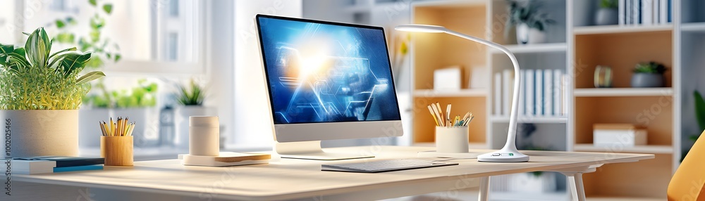 Modern Home Office Desk with Computer and Desk Lamp. Modern Home Office Desk with Computer and Desk Lamp.