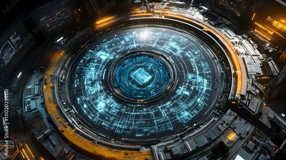 Obraz premium A circular command center on a spaceship, with holographic interfaces surrounding the crew