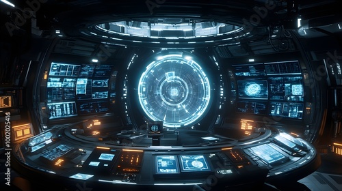 A circular command center on a spaceship, with holographic interfaces surrounding the crew