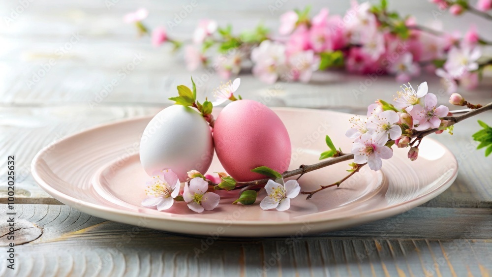 Soft pink Easter eggs and a blossoming branch on a plate for a festive table setting , Easter, eggs, pink, branch Soft pink Easter eggs and a blossoming branch on a plate for a festive table setting , Easter, eggs, pink, branch