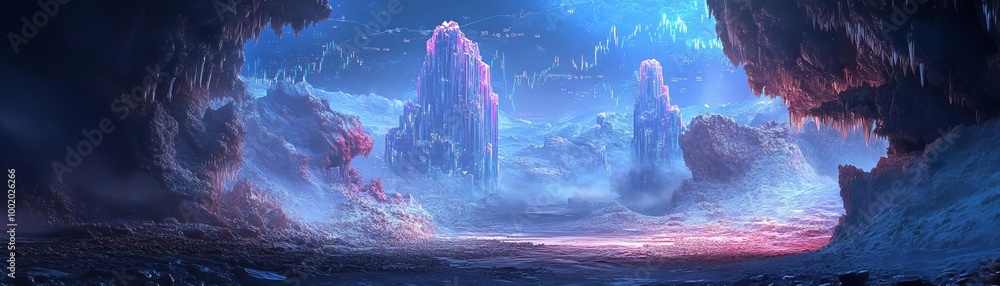 Mystical cave with glowing blue and purple formations. Mystical cave with glowing blue and purple formations.