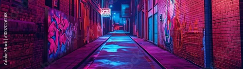 Neon lights illuminate a narrow urban alleyway.