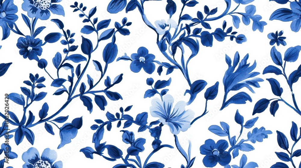 An elegant blue floral pattern on a white background, featuring intricate vines and blossoms in a classic design. An elegant blue floral pattern on a white background, featuring intricate vines and blossoms in a classic design.
