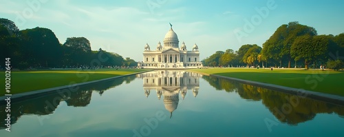 The Victoria Memorial in Kolkata, with lush green lawns and a calm pond reflecting the marble structure photo