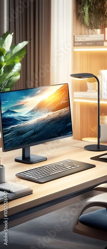 Modern Home Office Desk with Desktop Computer and Desk Lamp. photo