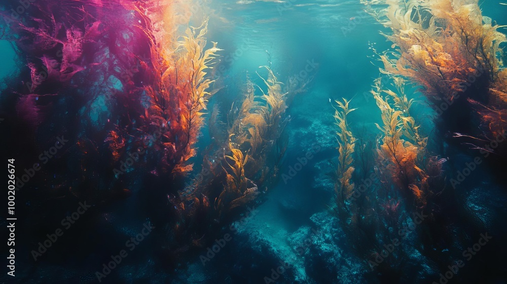 Vibrant underwater scene with colorful kelp swaying in the current. A sense of mystery and tranquility. Vibrant underwater scene with colorful kelp swaying in the current. A sense of mystery and tranquility.