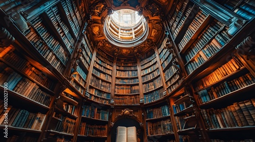 A circular library tower with ancient scrolls and books arranged in perfect symmetry