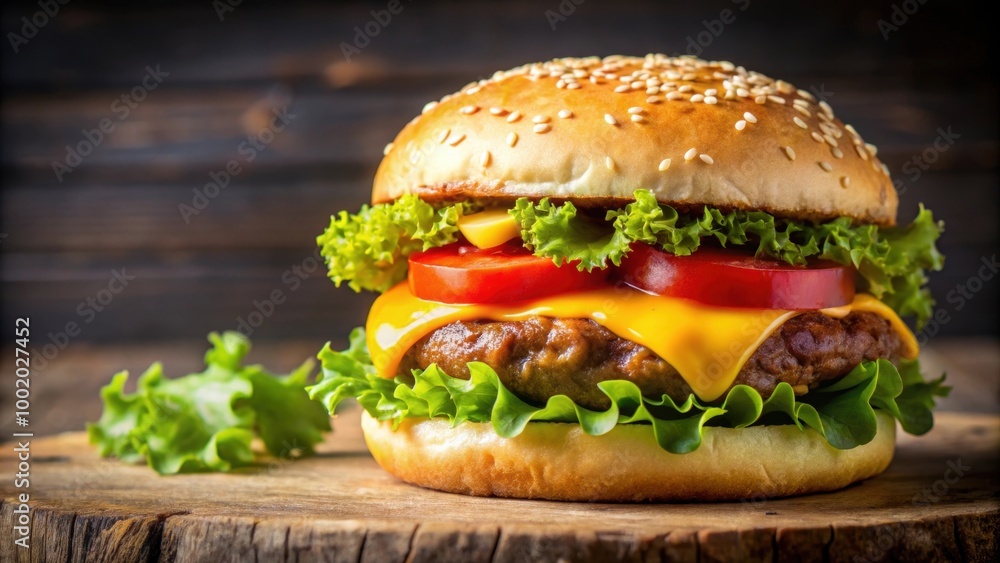 Close up of a juicy burger with melted cheese, lettuce, and tomato on a sesame seed bun, Fast food, burger, cheeseburger Close up of a juicy burger with melted cheese, lettuce, and tomato on a sesame seed bun, Fast food, burger, cheeseburger