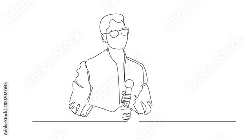 continuous line of young man holding a mic.professions presenter,journalist,singer,karaoke.single line vector illustration.isolated white background