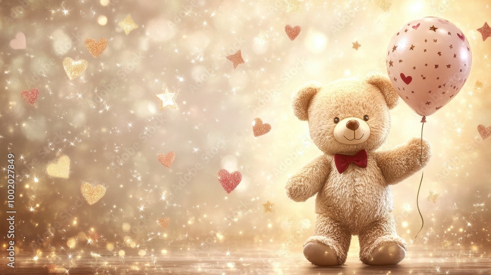 A cute teddy bear holds a vibrant balloon against a whimsical stars and hearts background A cute teddy bear holds a vibrant balloon against a whimsical stars and hearts background