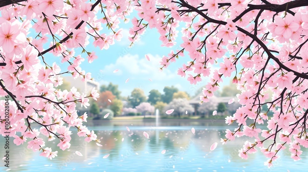 Fototapeta premium Cherry Blossoms, Lake Reflection