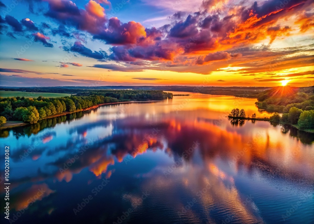 Beautiful sunset over a tranquil lake with vibrant colors reflecting on the water surface at dusk Beautiful sunset over a tranquil lake with vibrant colors reflecting on the water surface at dusk