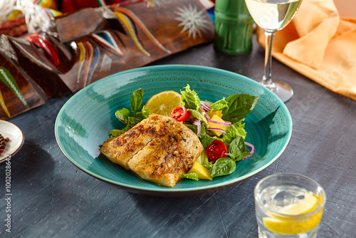 Grilled White Fish Steak with Fresh Vegetable Salad - Vibrant and Colorful Presentation, Professional Food Photography photo