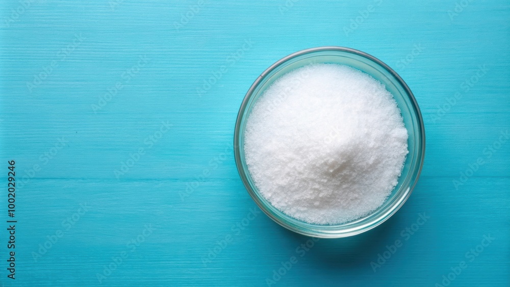 Top view of erythritol sweetener inscription on a blue background, erythritol, sweetener Top view of erythritol sweetener inscription on a blue background, erythritol, sweetener