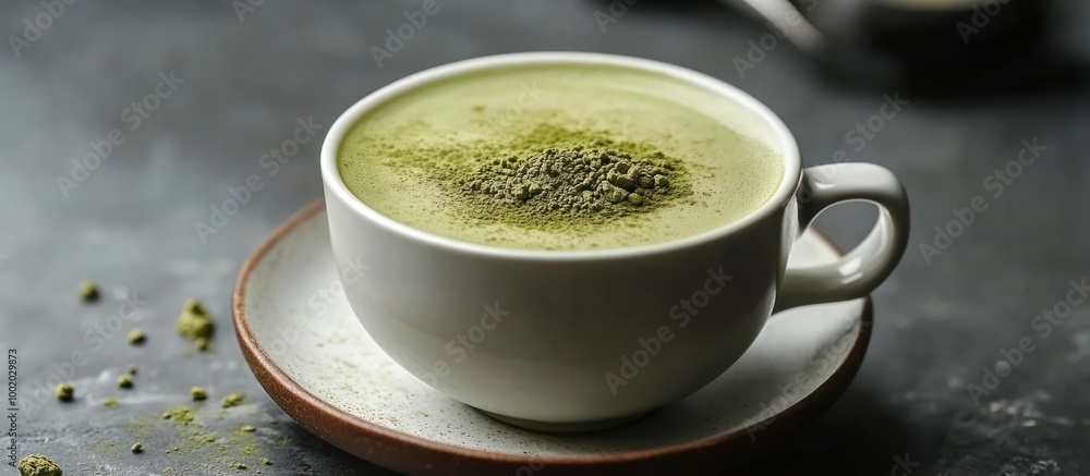A cup of matcha tea with a sprinkle of powder on top, served on a saucer. A cup of matcha tea with a sprinkle of powder on top, served on a saucer.
