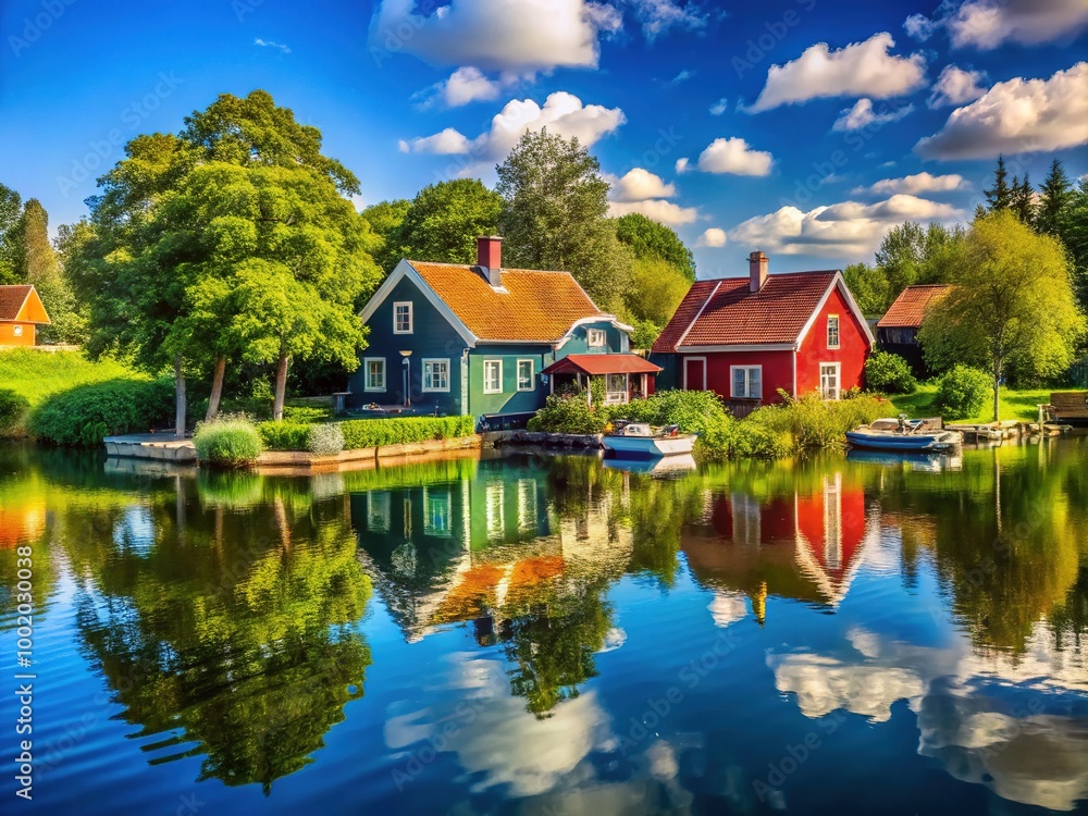 Charming Summer Houses by the Lake Surrounded by Lush Greenery and Clear Blue Skies in Sunshine Charming Summer Houses by the Lake Surrounded by Lush Greenery and Clear Blue Skies in Sunshine