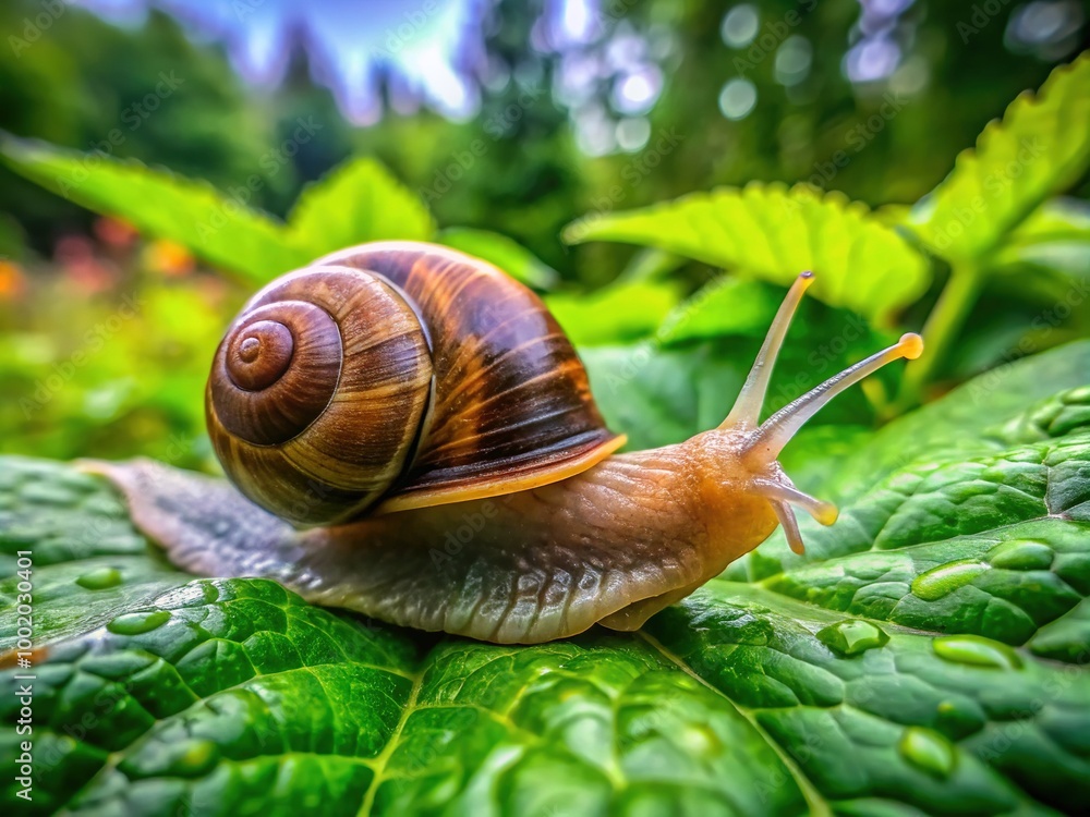 Close-up of a Garden Snail Crawling on a Leaf in a Lush Green Garden with Soft Focus Background Close-up of a Garden Snail Crawling on a Leaf in a Lush Green Garden with Soft Focus Background