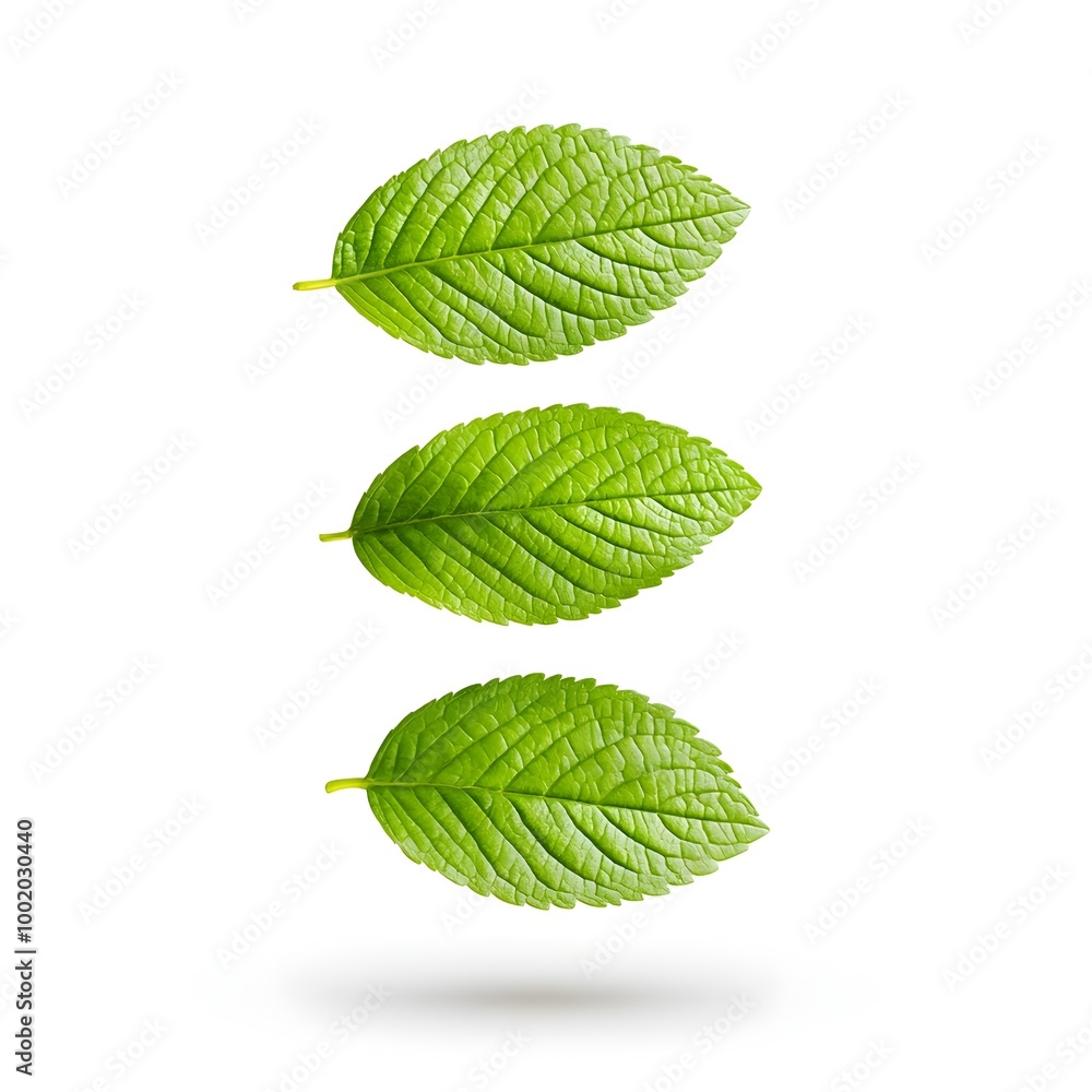 Obraz premium Macro Shot of Levitating Green Leaves on White Background