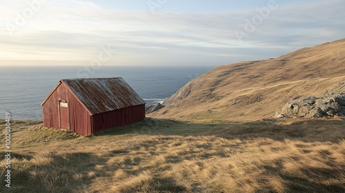 A lone red barn sits on a grassy hillside overlooking a vast ocean with a rocky cliff in the background under a clear blue sky.