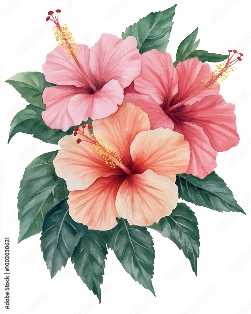 Obraz premium A vibrant watercolor painting of pink and orange hibiscus flowers with lush green leaves.