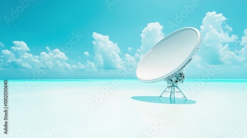 A large satellite dish stands alone on a white sandy beach with clear blue water and white clouds in the background.