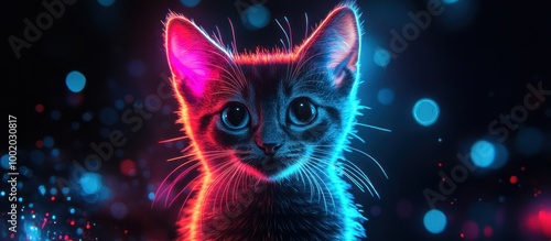 A cute kitten with glowing red and blue neon light around it.