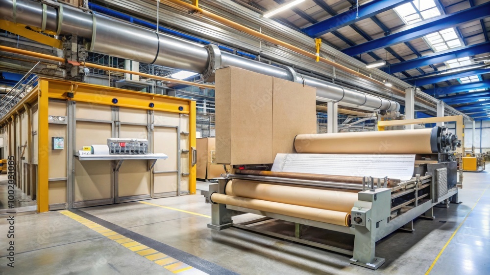 Industrial machine producing paper cardboard in a factory setting Industrial machine producing paper cardboard in a factory setting