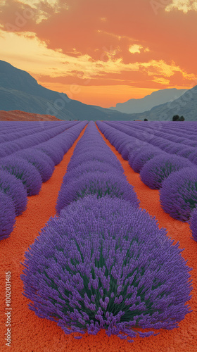 Lavender field at sunset with orange sky