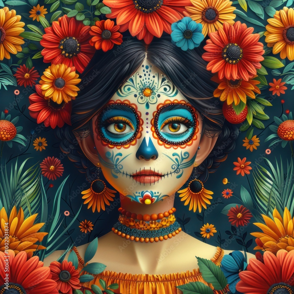 D�a de los Muertos and Halloween Vector Illustration: Woman with Sugar Skull Makeup and Flowers as Calavera Catrina for Poster, Card, or Background D�a de los Muertos and Halloween Vector Illustration: Woman with Sugar Skull Makeup and Flowers as Calavera Catrina for Poster, Card, or Background