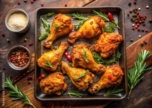 Crispy fried chicken pieces rest on a baking sheet, generously sprinkled with a blend of aromatic spices and fresh herbs, awaiting the oven's warm beckon. photo