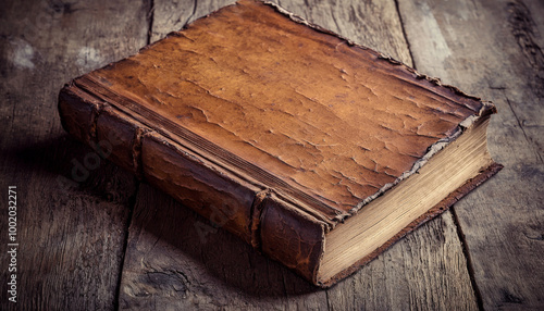 An antique leather-bound book resting on a rustic wooden surface, evoking a sense of history and knowledge.